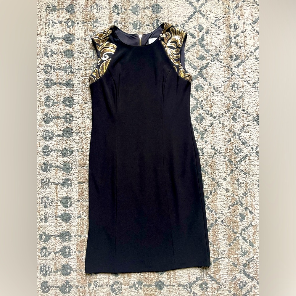 Joseph Ribkoff Black Lined Sleeveless Dress with Gold Sequins Size 12 Metallic